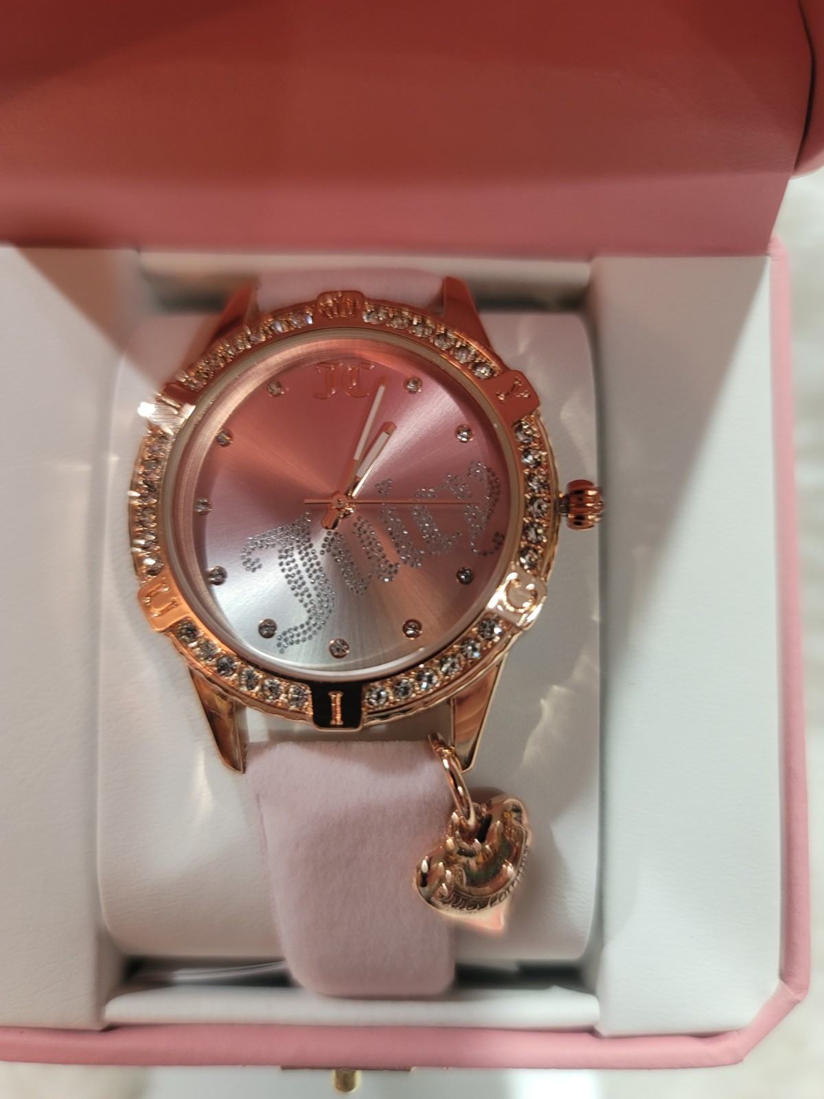 Juicy Couture Watch Light Pink Face W/ Rhinestones Rose Gold Bezel Hanging Heart