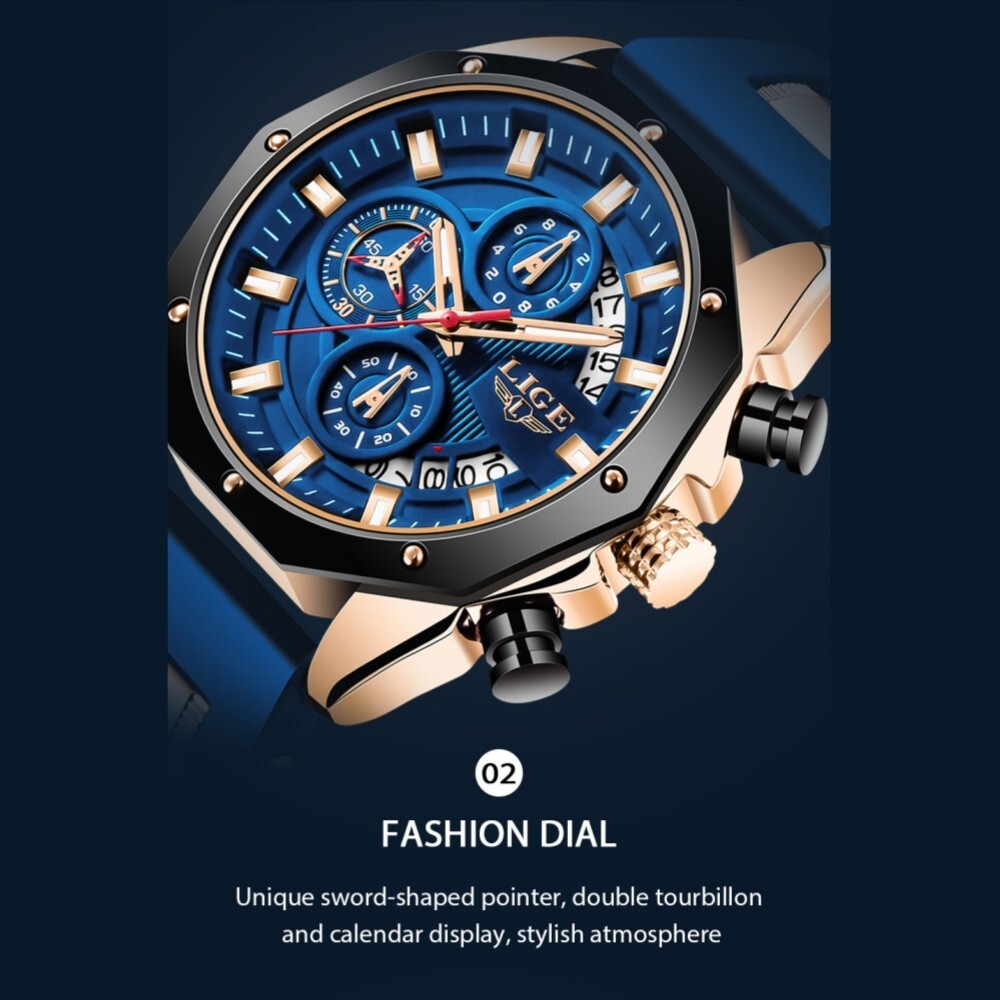 LIGE Men Watch Quartz Date Luminous Chronograph Waterproof Sport Wristwatch Gift