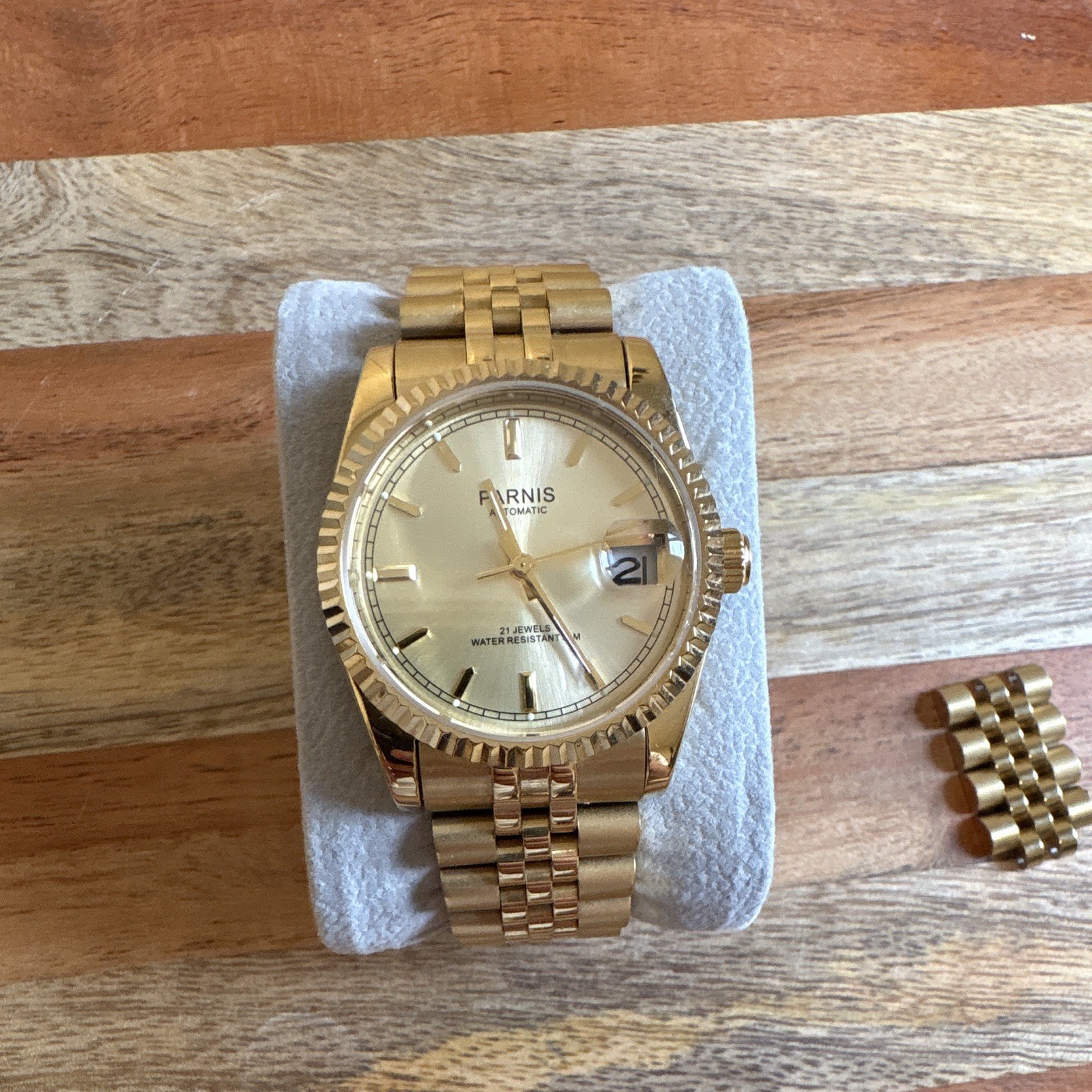 Parnis 36mm Datejust Homage Automatic Watch Gold Tone Fluted Bezel + Extra Link