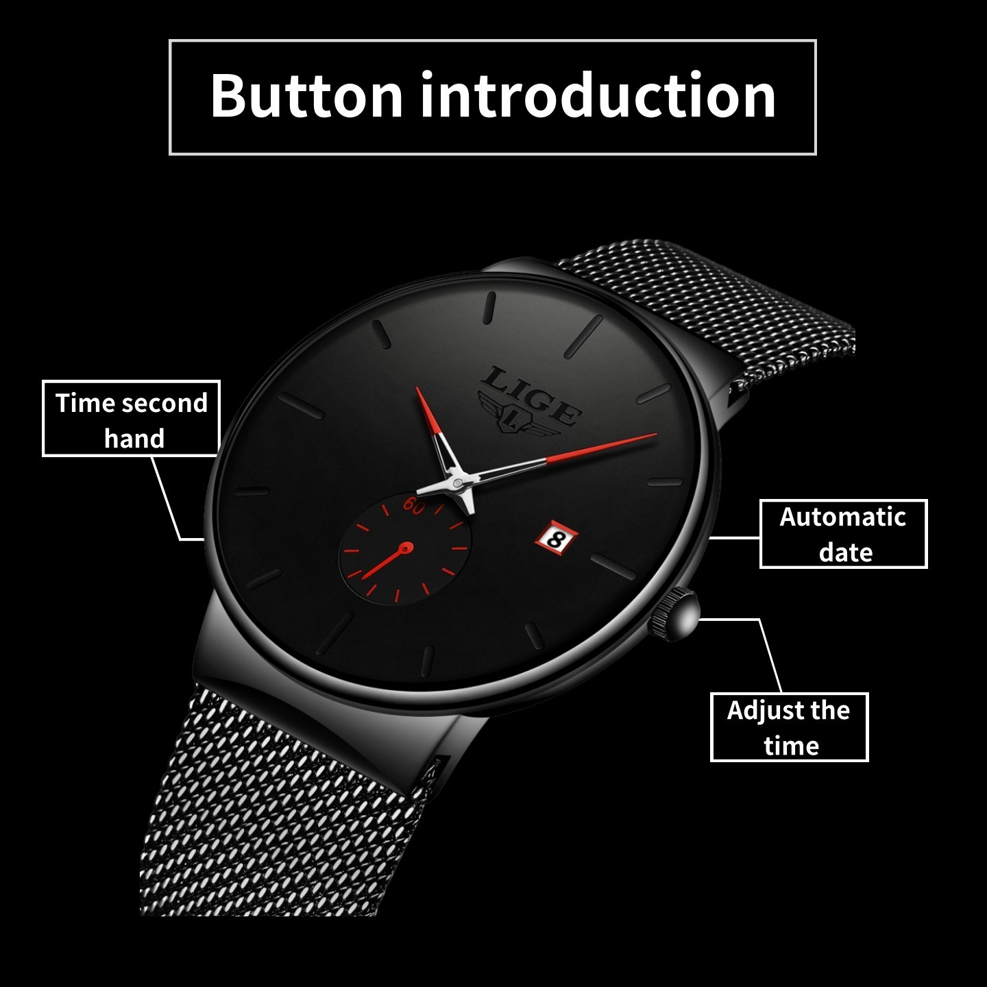 LIGE Men Watch Quartz Analog Date Round Dial Business Mesh Strap Male Wristwatch