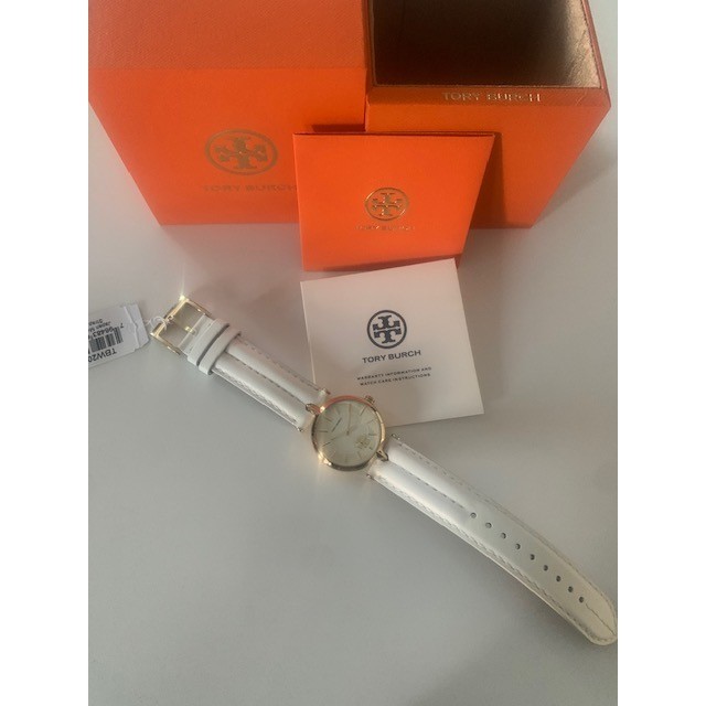 Tory Burch TBW2040 Gold Tone White Leather Band Logo Dial Women’s Watch NIB