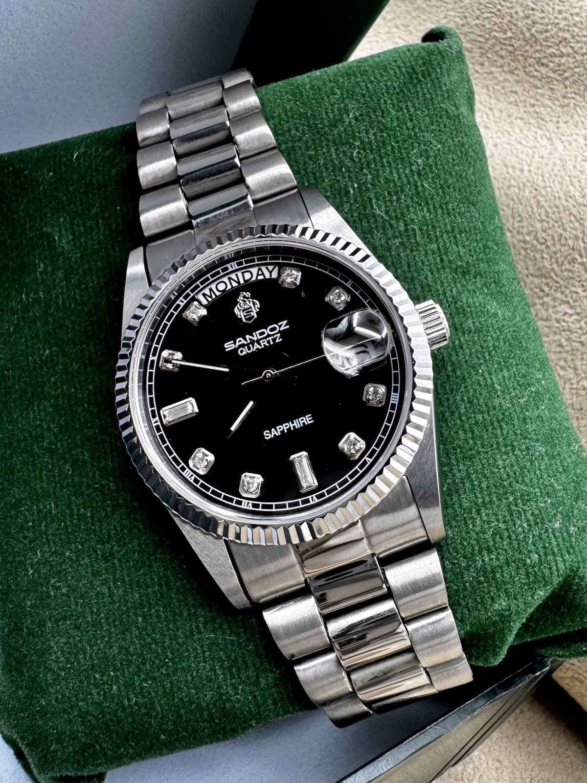 RARE SANDOZ QUARTZ PRESIDENT Silver Sapphire Diamond Black Dial Watch NO G2U