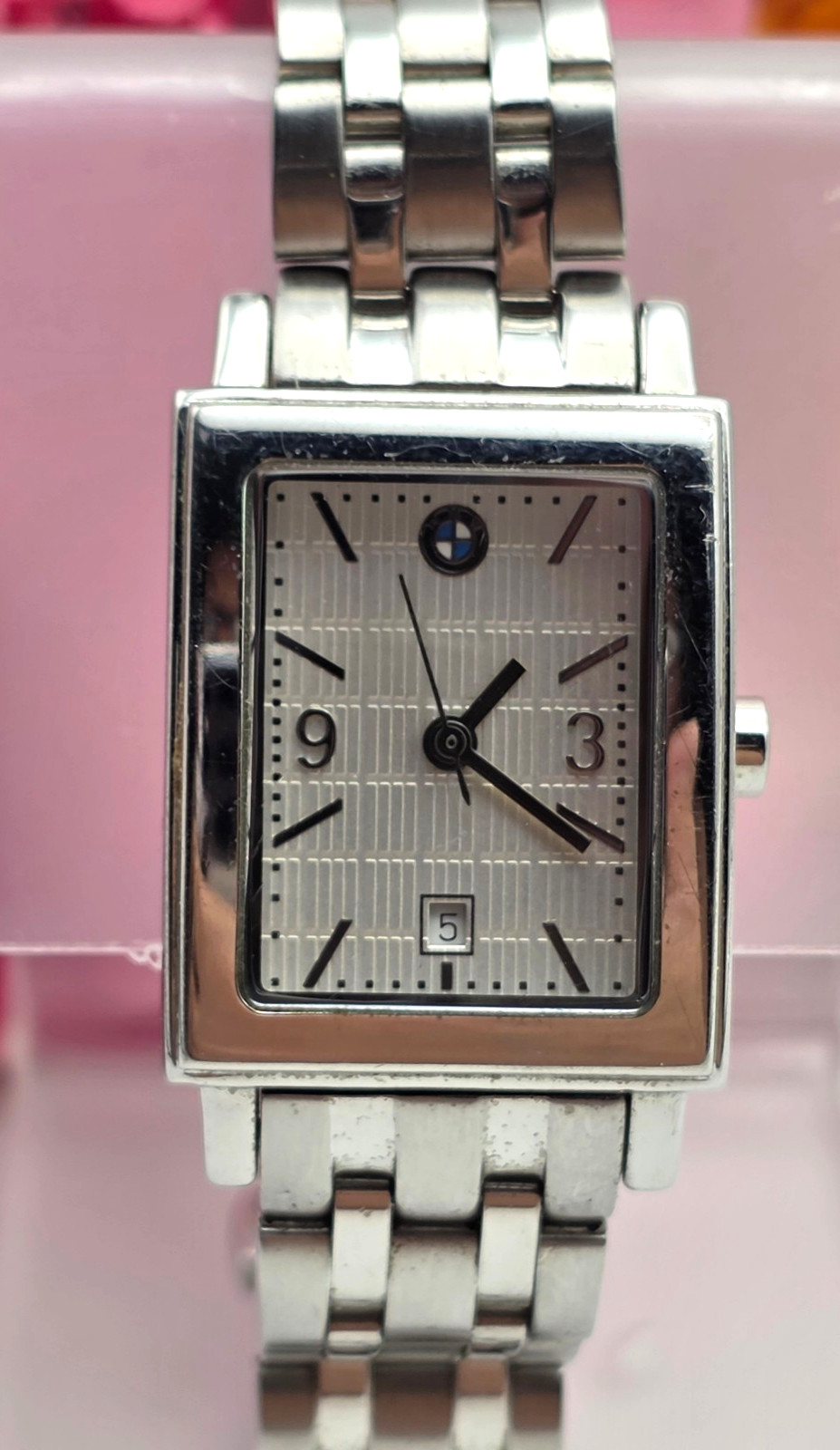 BMW Logo Rectangular Stainless Steel Bracelet Watch 5.5 In Wrist Silver Quartz