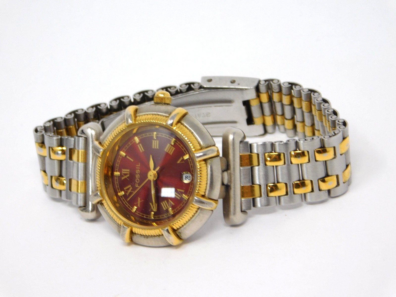 Vintage Fossil Women’s Watch Gold Silver Tone Burgundy Red Dial ES8593 Ladies 5″