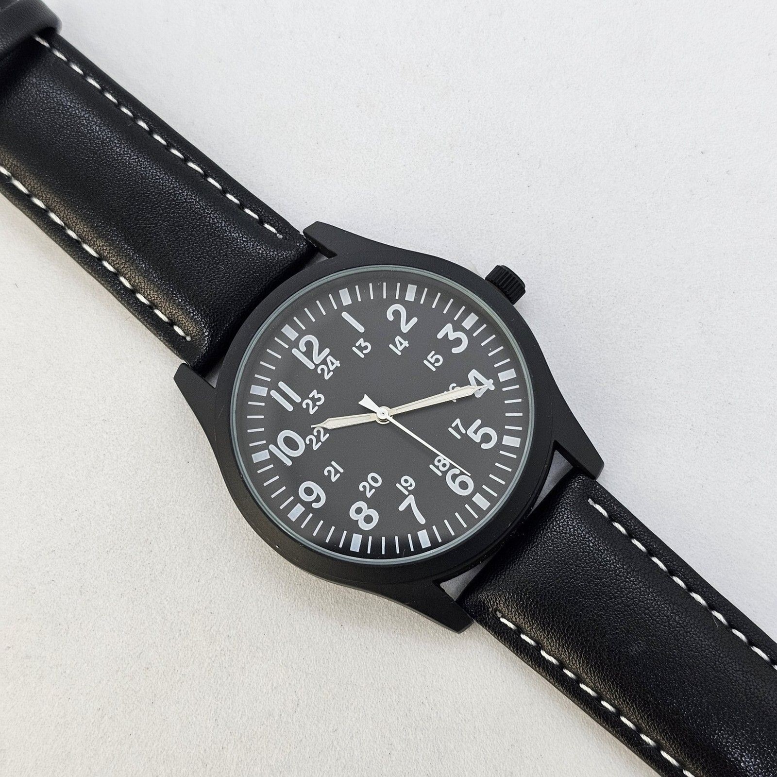 Men’s Field Watch 42MM Large Case Black Dial Black White Leather Band Straps