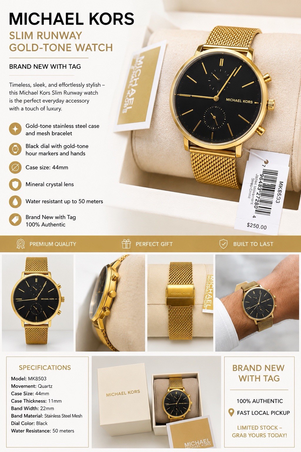 Michael Kors Slim Runway Men’s Quartz Black Dial Gold Mesh Bracelet 44mm Box