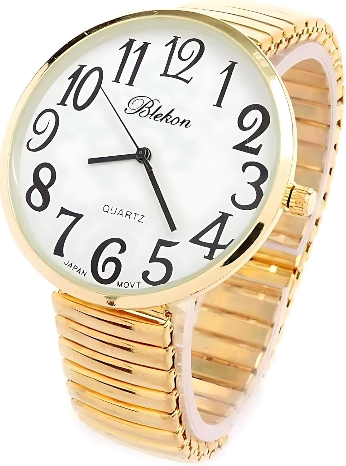 Large Face Watch Women Easy Read Numerals Gold Stretch Band Quartz Stainless