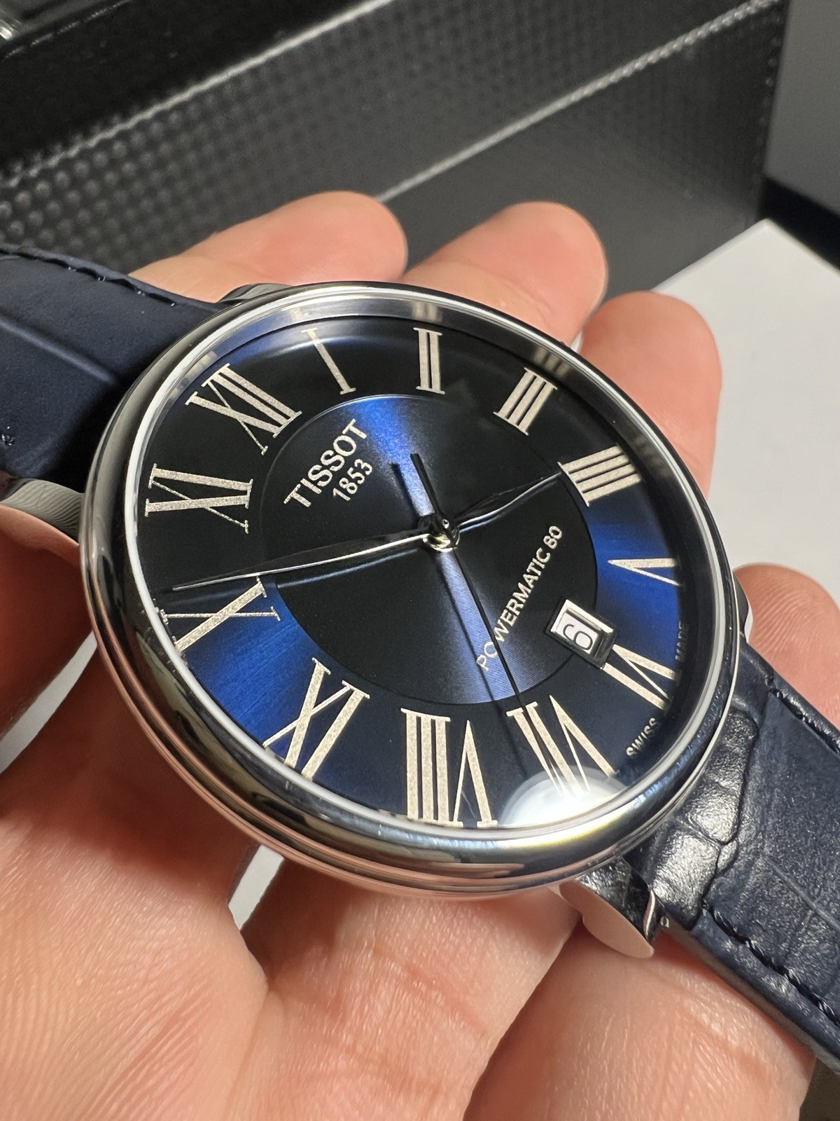 Tissot Carson Powermatic 80 Automatic 40mm Blue Dial Roman Leather Strap Date