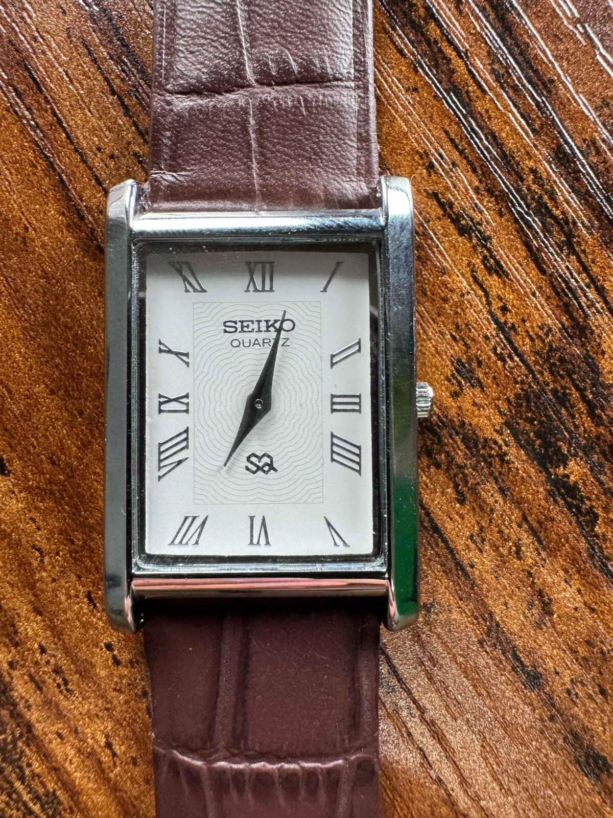 vintage Seiko Slim Tank Quartz Men White Dial Dark Brown leather Dress Watch