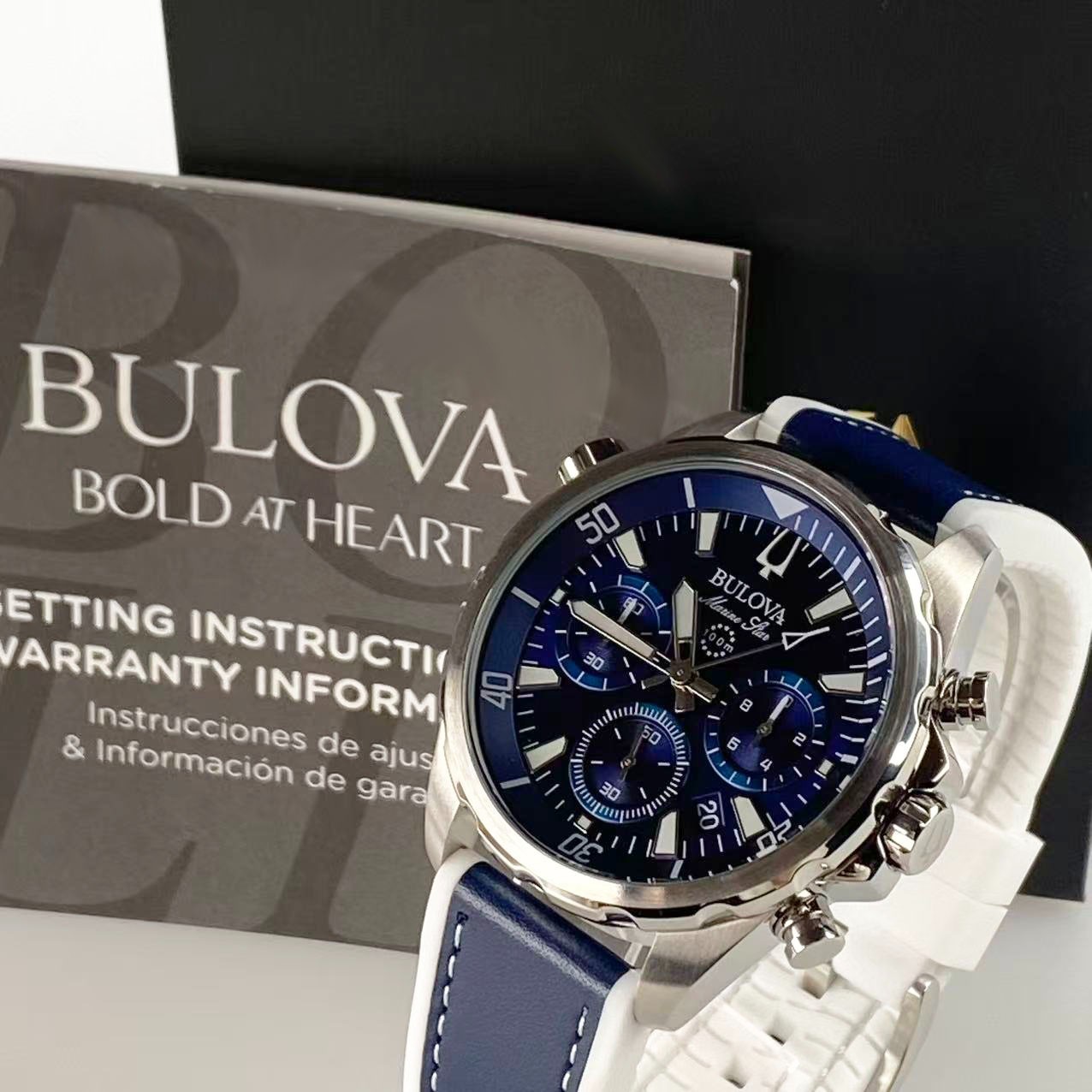 New Bulova Marine Star 96B287 Blue Dial Men’s Chronograph Quartz Watch 43 mm