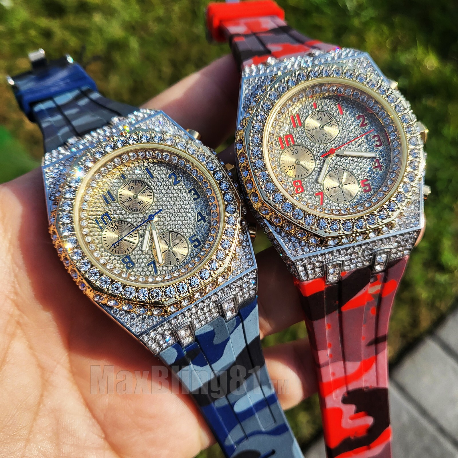 LUXURY HIP HOP ICED CAMOUFLAGE SILICONE BAND SIMULATED DIAMOND BLING WRIST WATCH