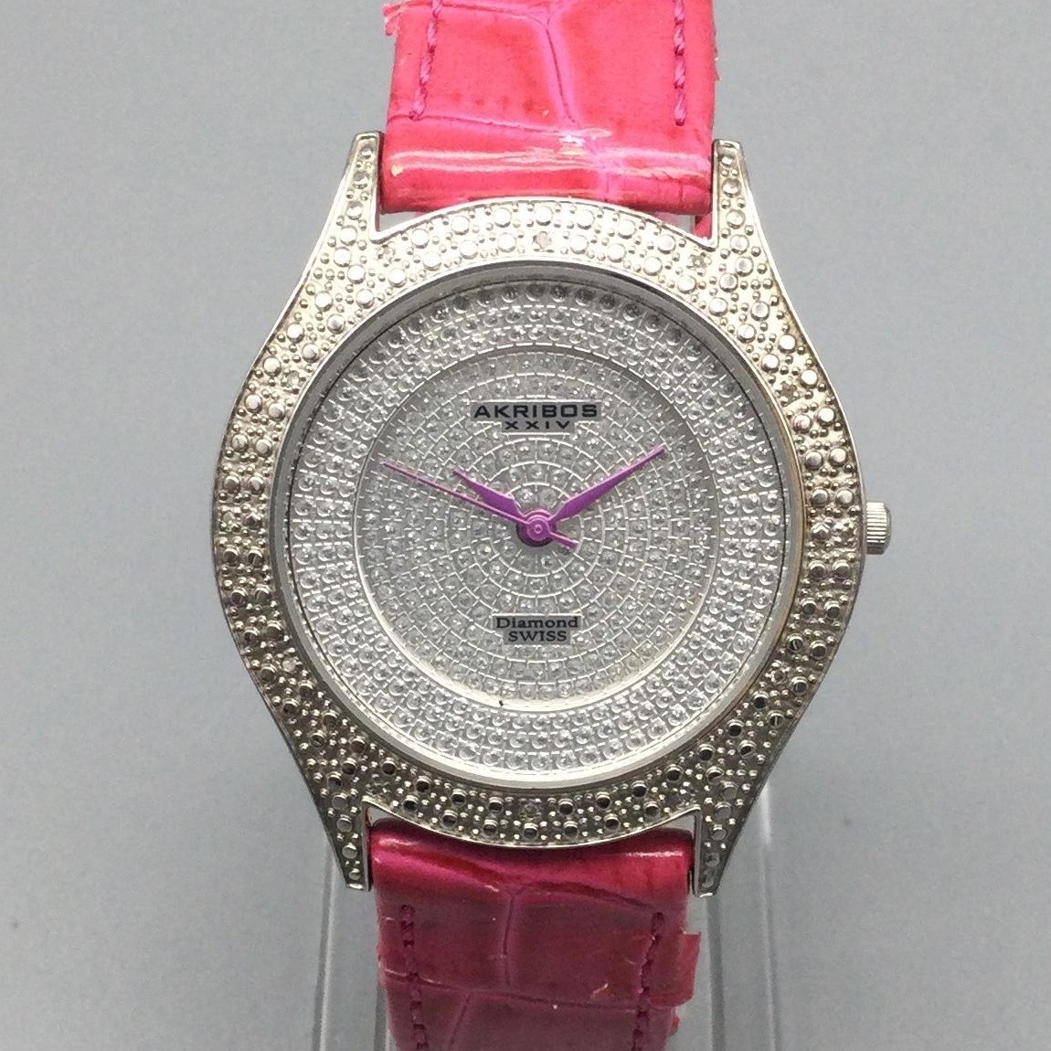 Akribos XXIV Diamond Womens Watch 37mm Swiss Pink Leather Band New Battery
