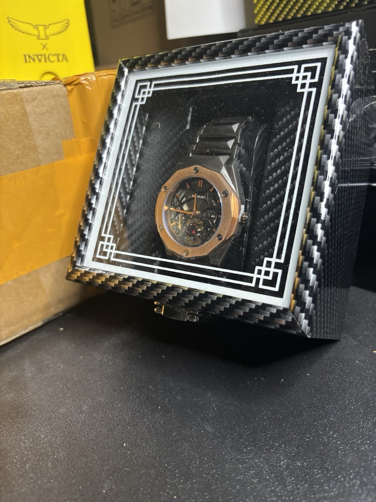 Forrad quartz Skeleton Dial Octagon Black Steel Bracelet Watch w/ Box