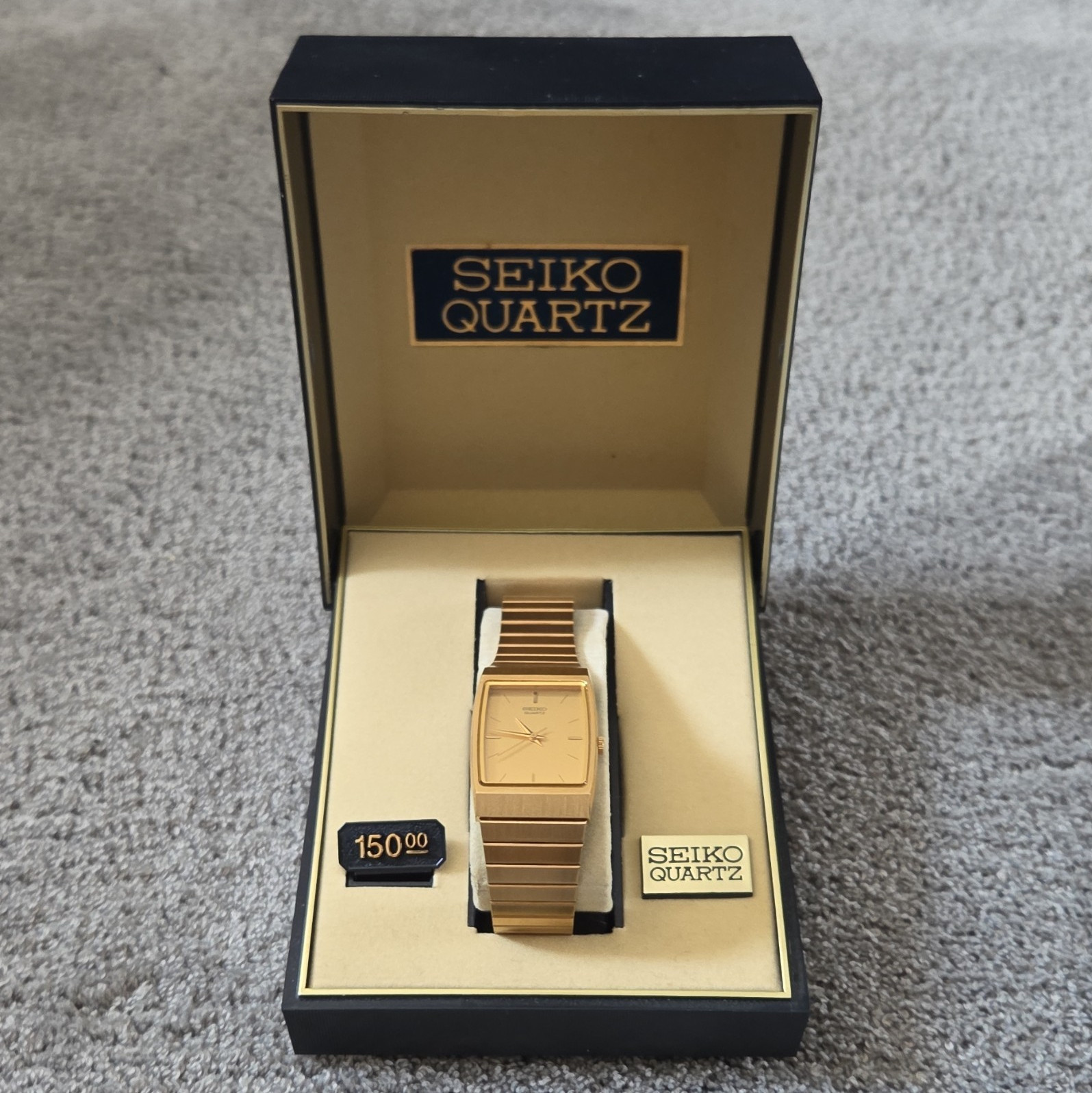 Seiko Quartz Men’s Rectangular Gold Tone Analog Watch, SS Bracelet, Box