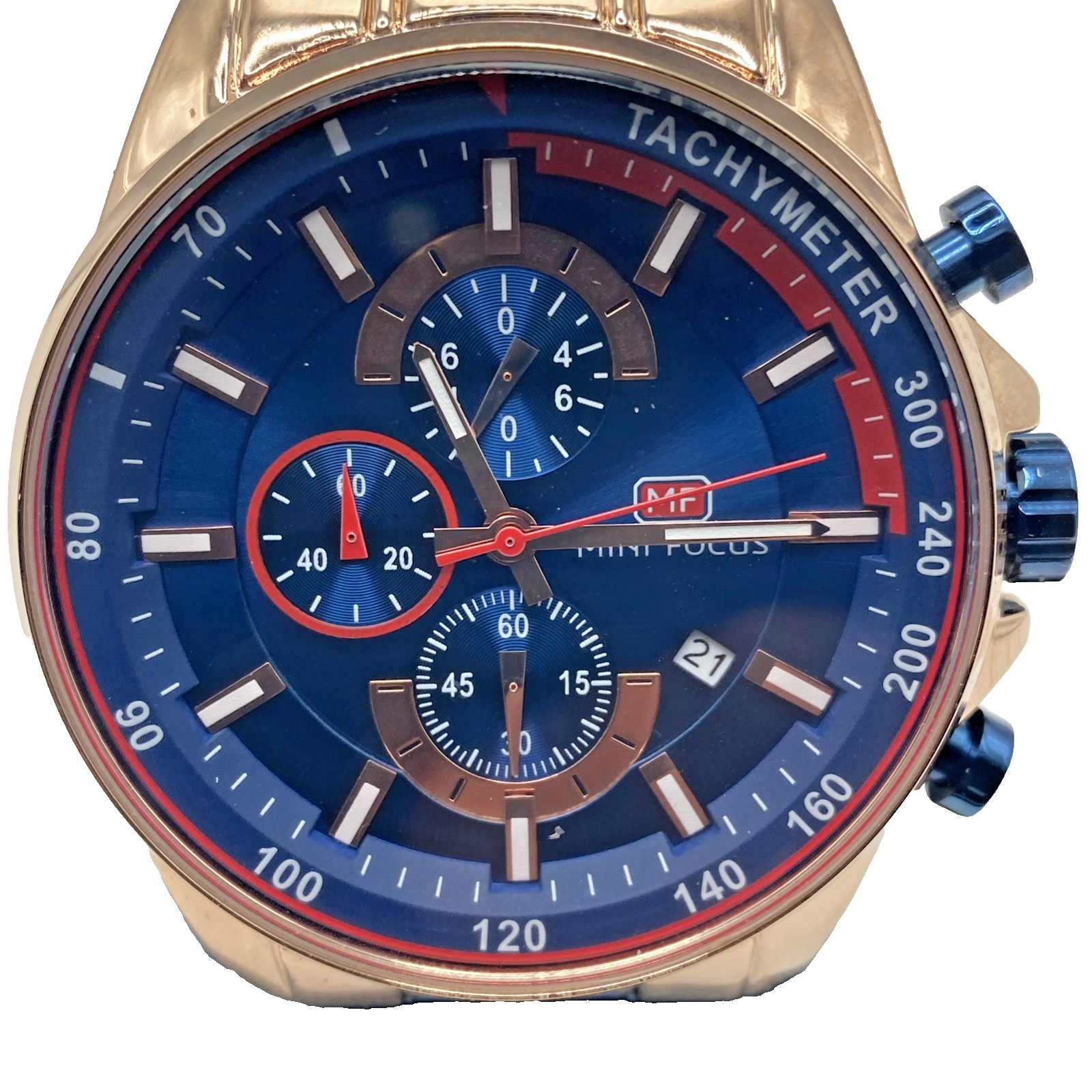 Mini Focus Men’s 45mm Watch 0218G Tachymeter Date Rose Gold Tone New Batt Works