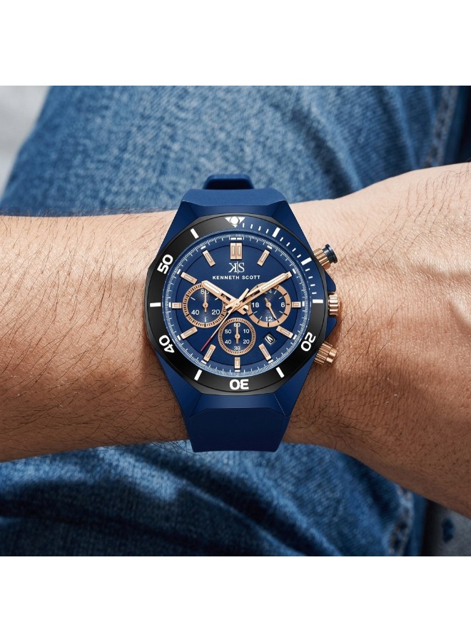 Kenneth Scott Men’s Chronograph Watch | Blue Dial, Blue Band, 43mm, 30 m (3 ATM)
