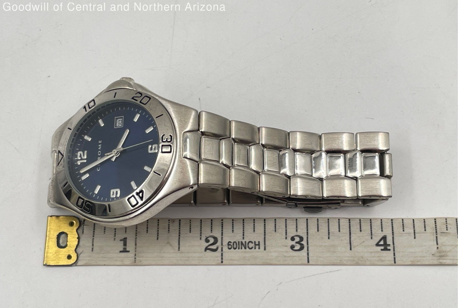 Chrome Silver Tone Blue Dial Date Men’s Watch I.O.B