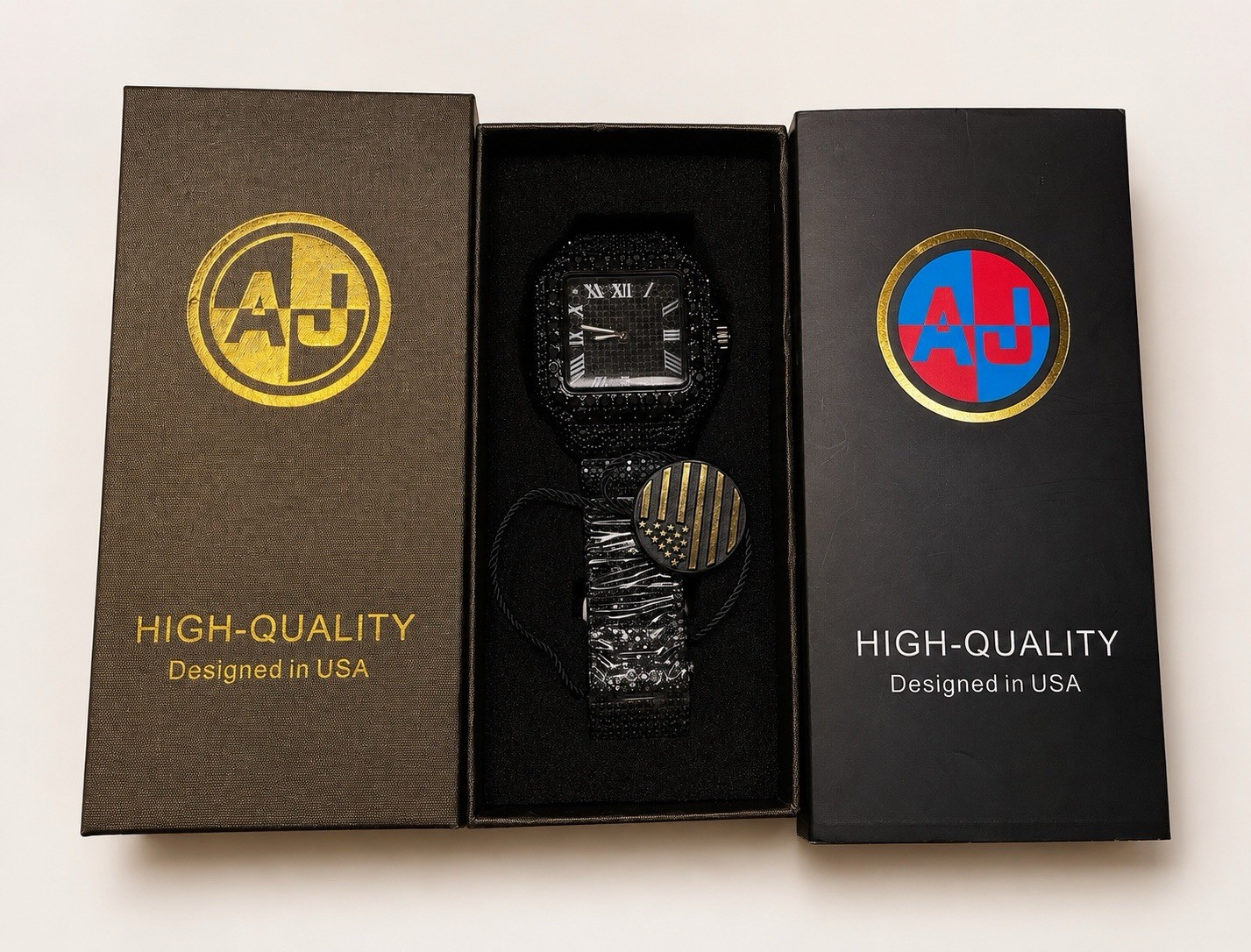 AJ Black Iced Square Watch – Roman Numeral Dial | Luxury Men’s Stainless Steel
