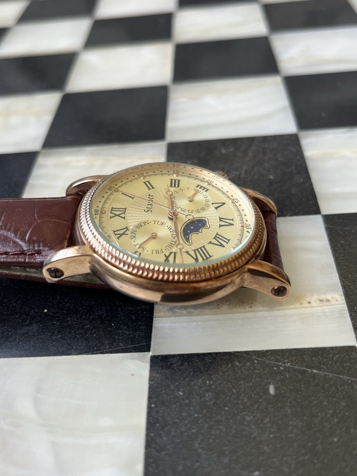 Stauer Moon Phase Quartz Day Date Watch Brown Leather Strap Rose Gold – 20390
