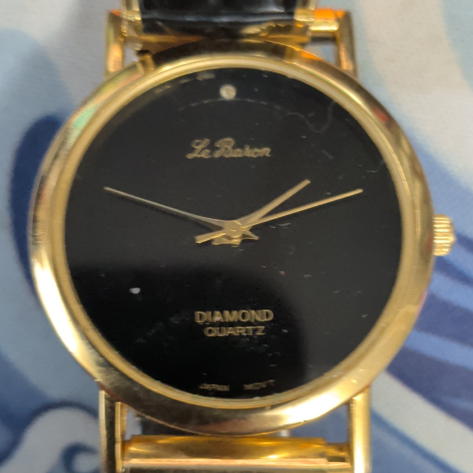 Le Baron Diamond Quartz Analog Dress Wristwatch Black Dial Gold Case Leather