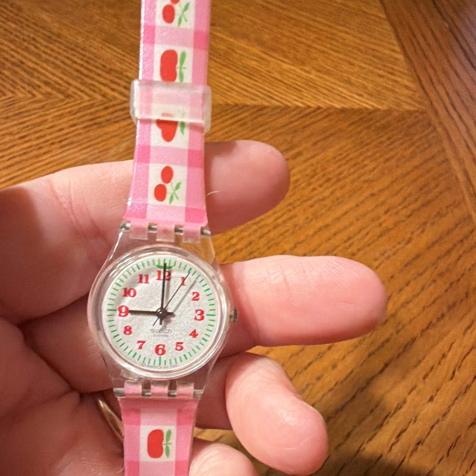 Swatch Lady Quartz Analog Fruit Dial Clear Plastic Case Pink Strap 25mm