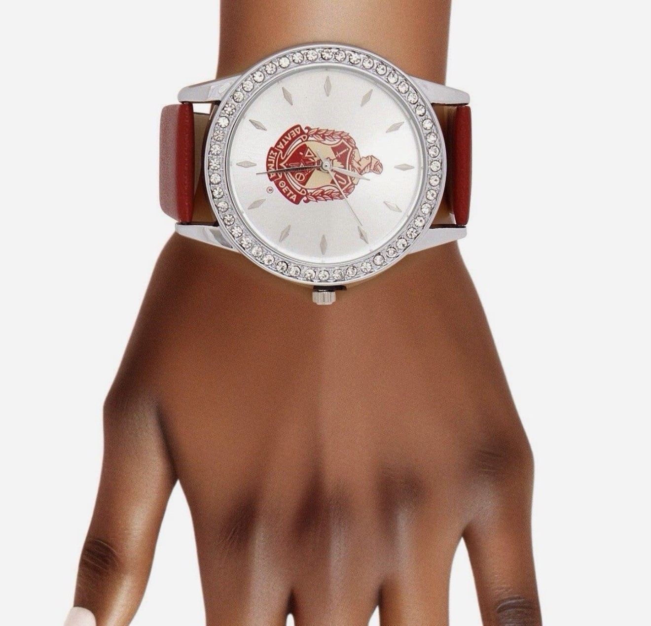 Delta Sigma Theta Women’s Quartz Analog Watch Red Leather Strap Crystal Bezel
