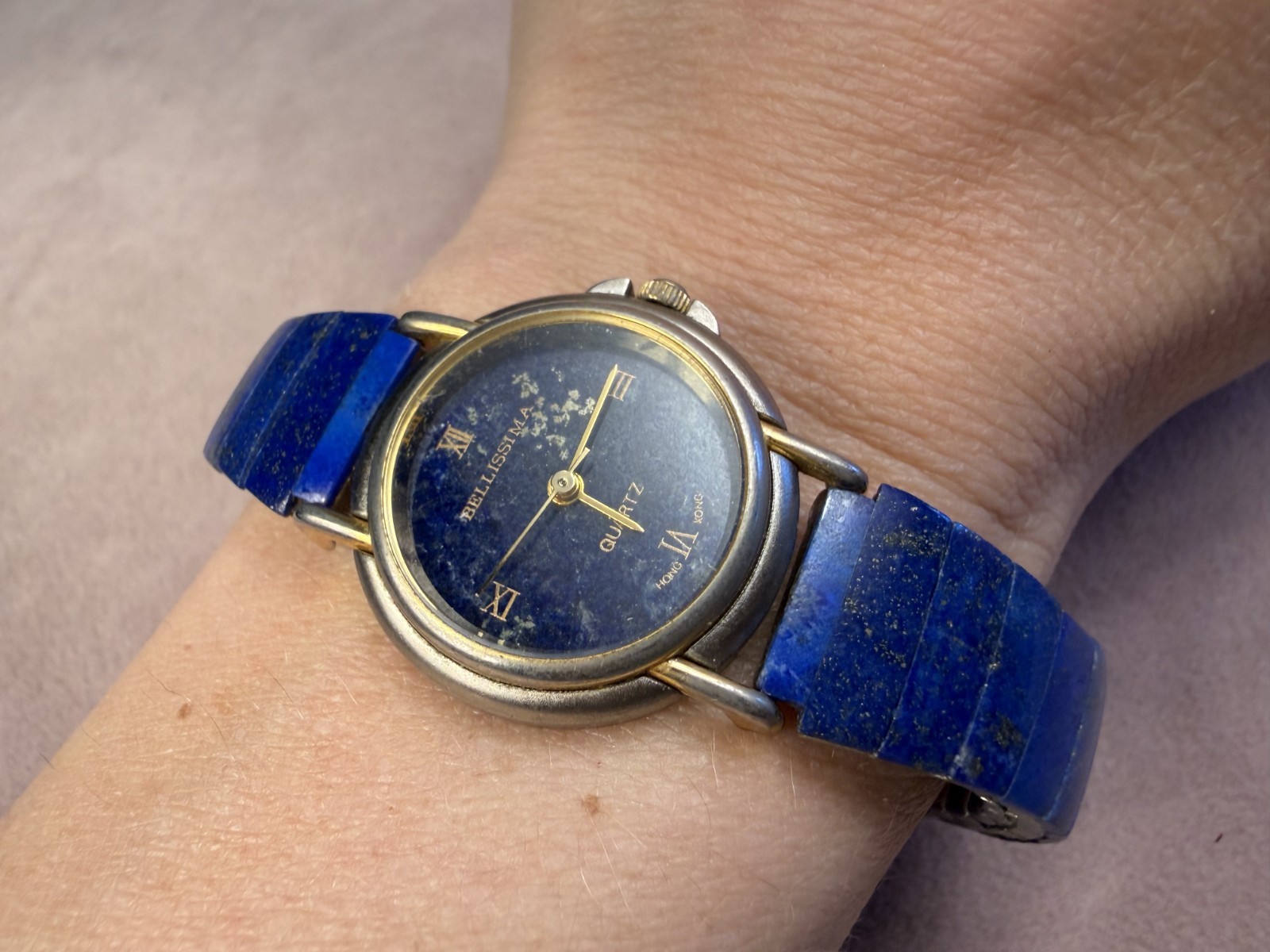 Vtg Bellissima quartz watch featuring a natural lapis lazuli stone dial & band