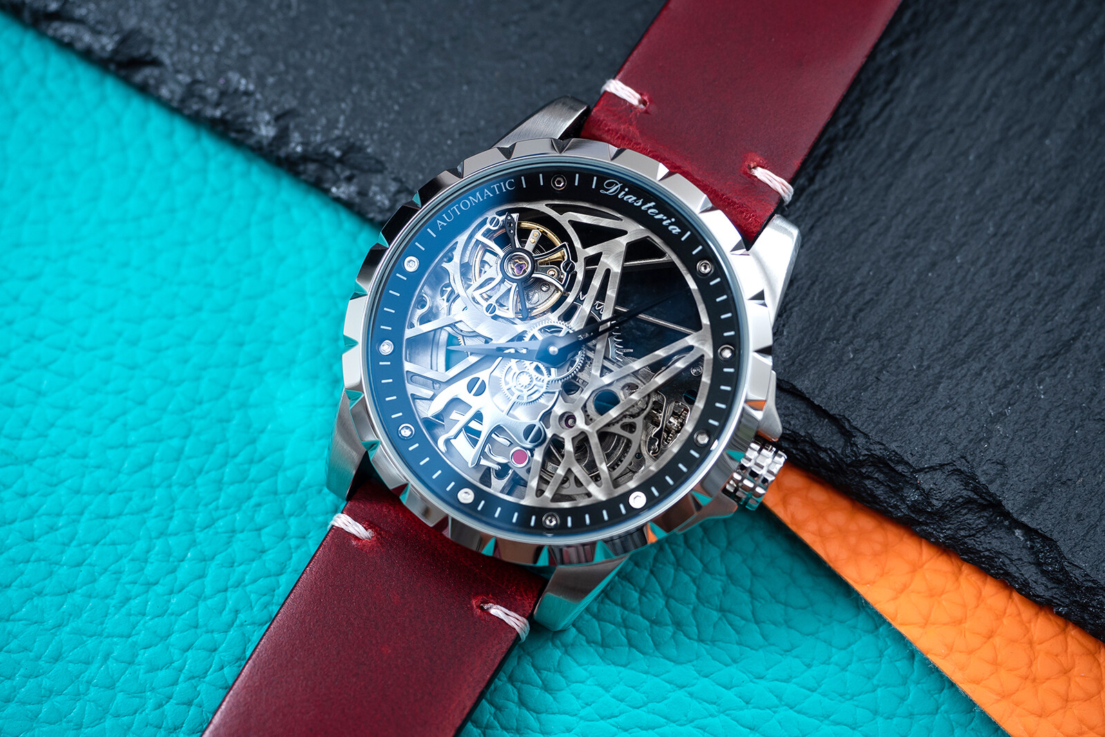Mens Silver Automatic Mechanical Watch Dark Red Oil Waxed Leather Strap Gift