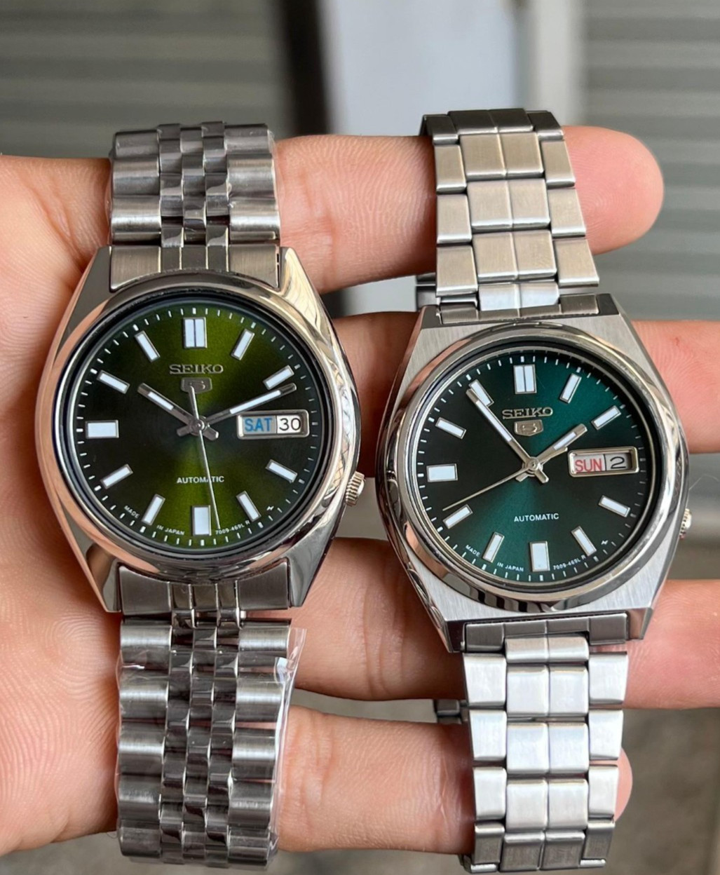 Lot of 2 Seiko 5 Automatic Military Green And Tale Green Dail Mens Watch 7009
