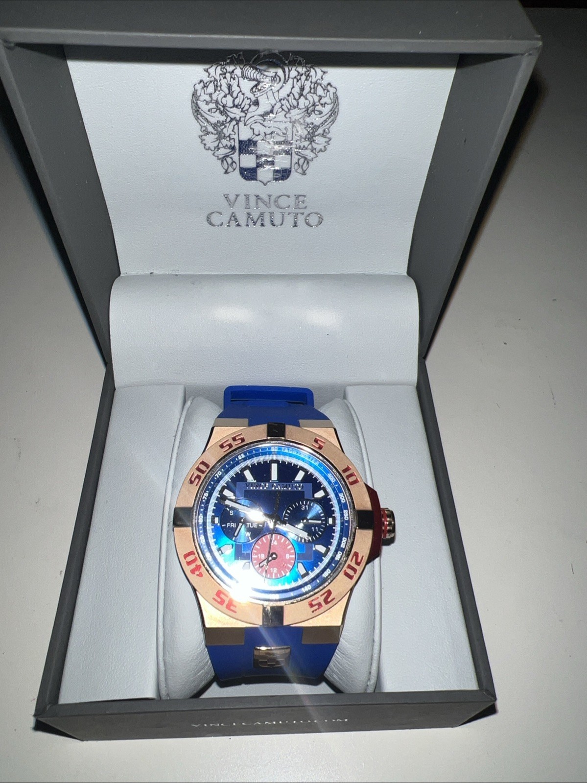 Vince Camuto Men’s Blue Dial Rose Gold Case Blue Silicone Quartz Watch 5 ATM