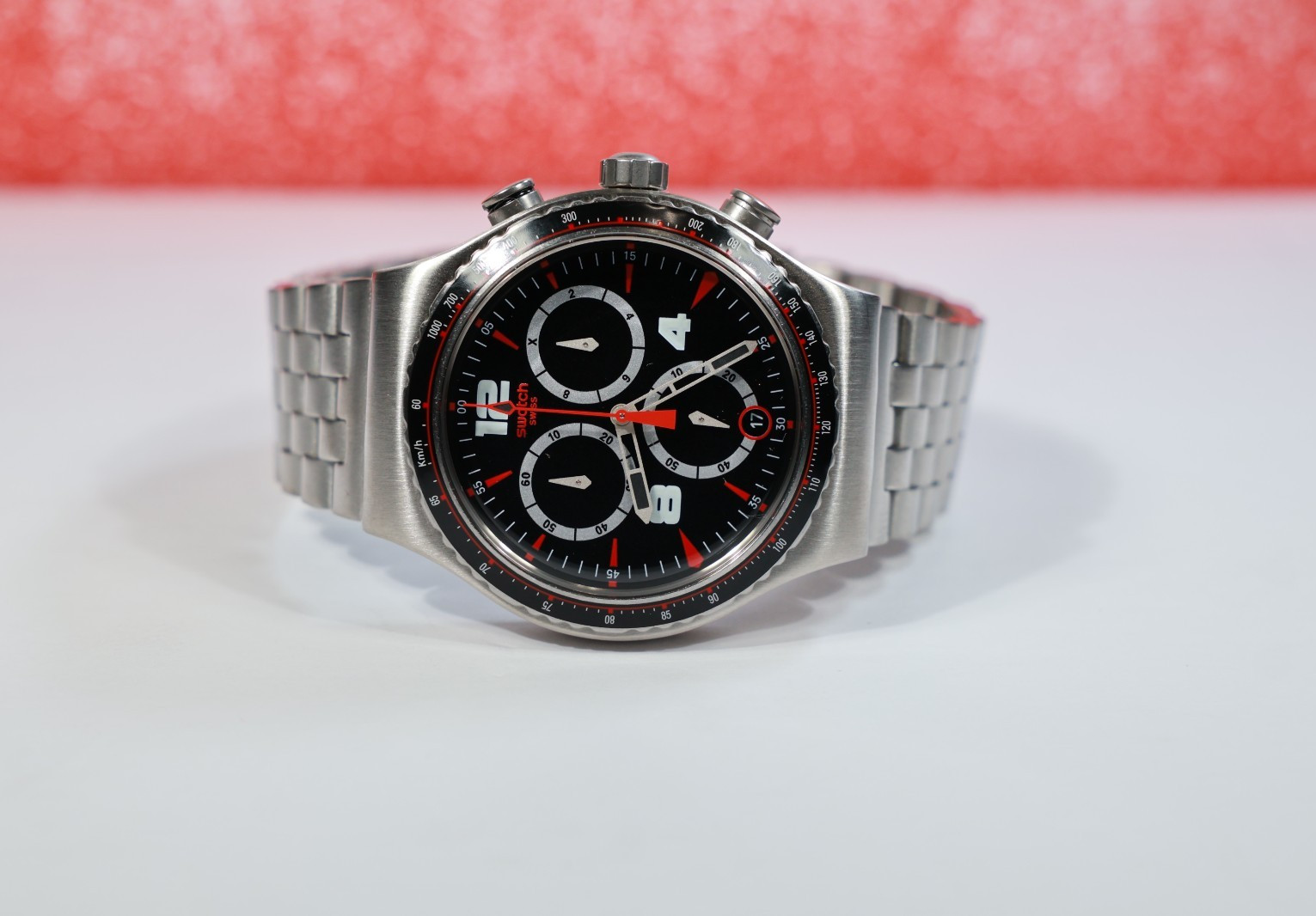 New Swiss Swatch Pudong Restyled Stainless Steel YVS404GE 43MM Black Red Silver