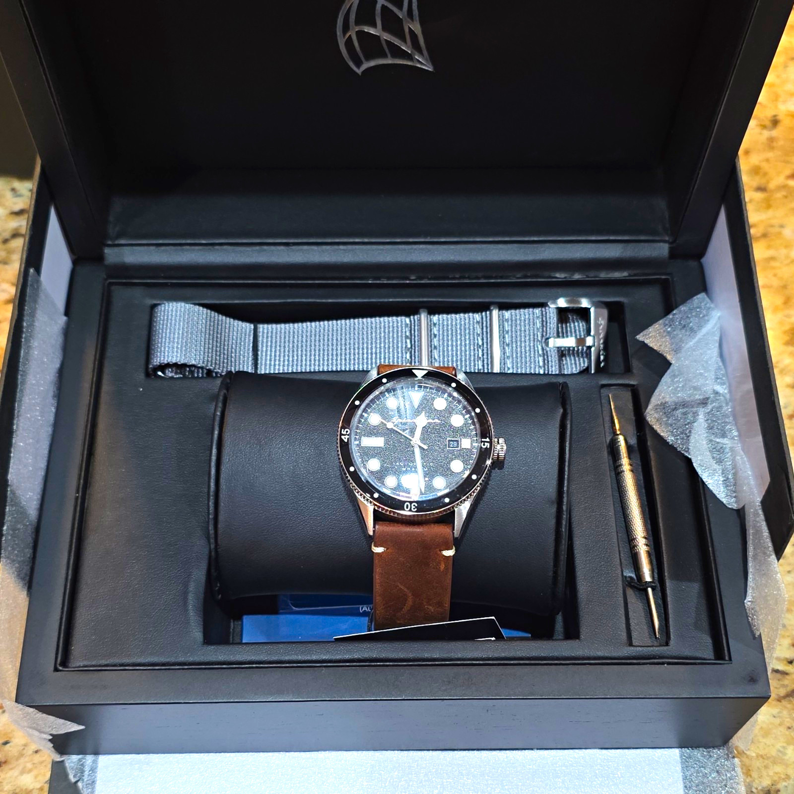 Spinnaker Cahill Automatic Diver Watch 200m 42mm Black Dial Brown Leather Strap