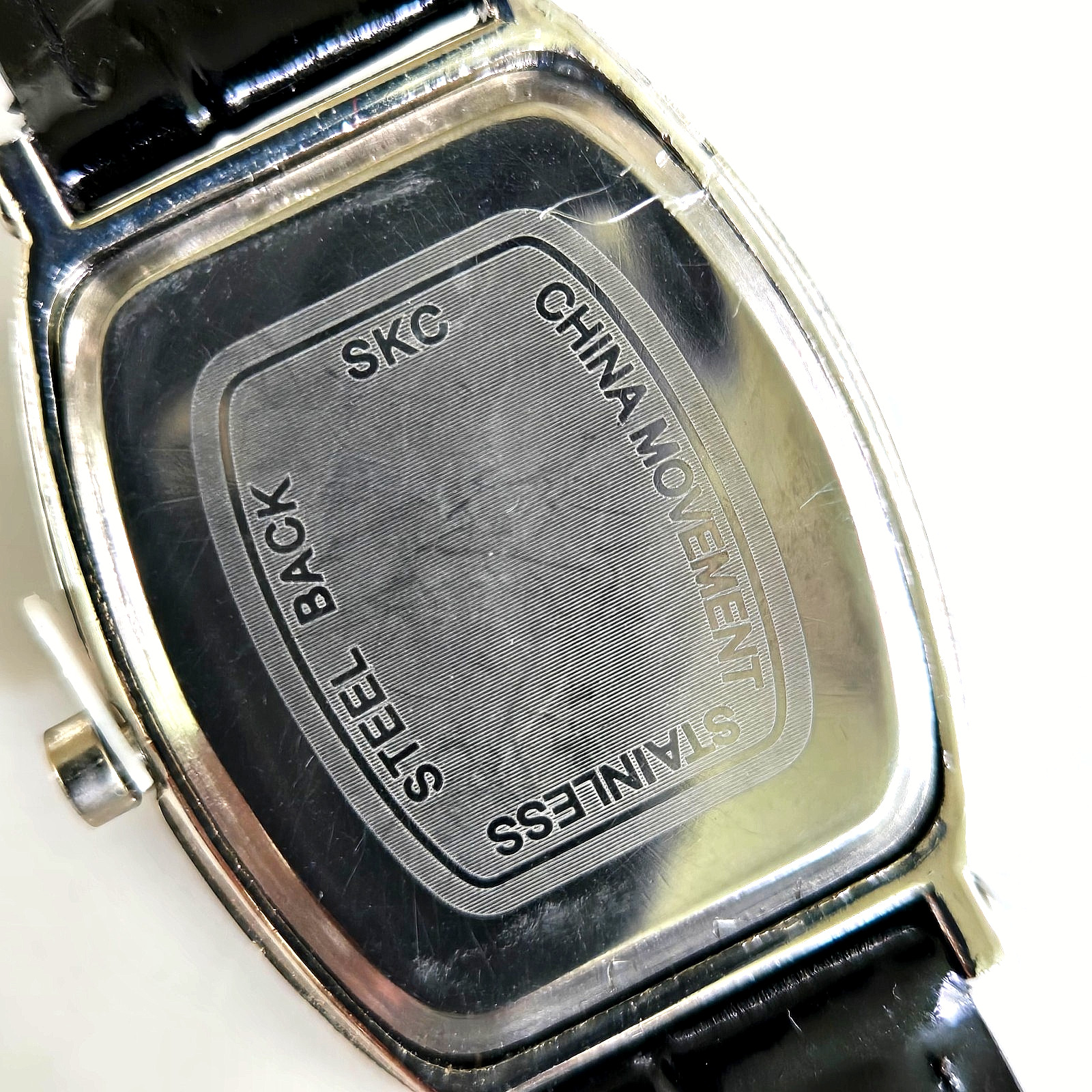 2000s SKC Silver Tone Tonneau Case Quartz Wrist Watch Black Leather New Battery