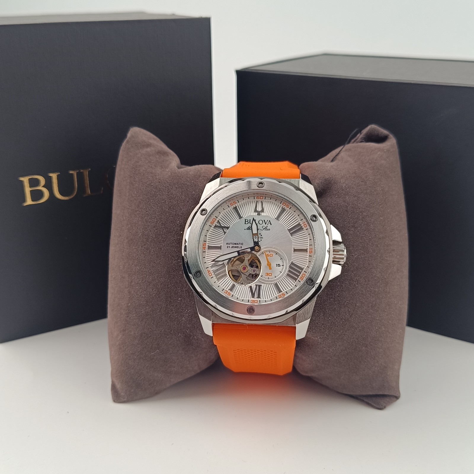 Bulova 98A226 Marine Star Automatic Watch White Dial Orange Rubber Strap