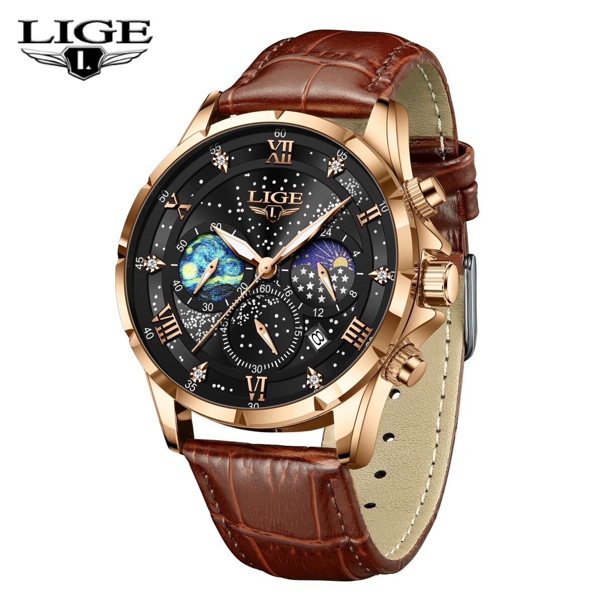 LIGE Men Watch Quartz Date Moonphase Waterproof Luminous Sport Casual Wristwatch