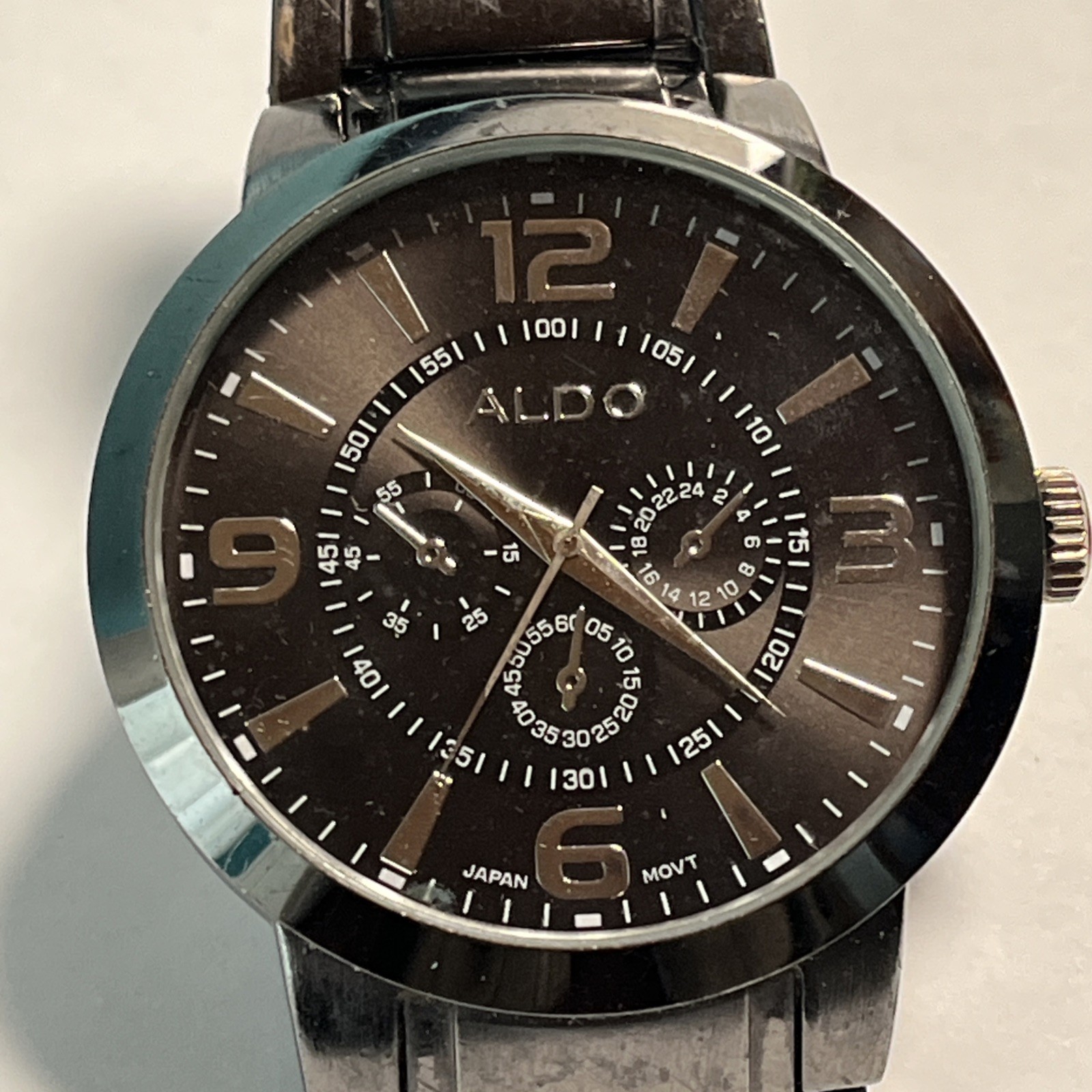 Aldo Men’s Black Chrome Stainless Bracelet Watch Lrg. Face Japan Movement #1210