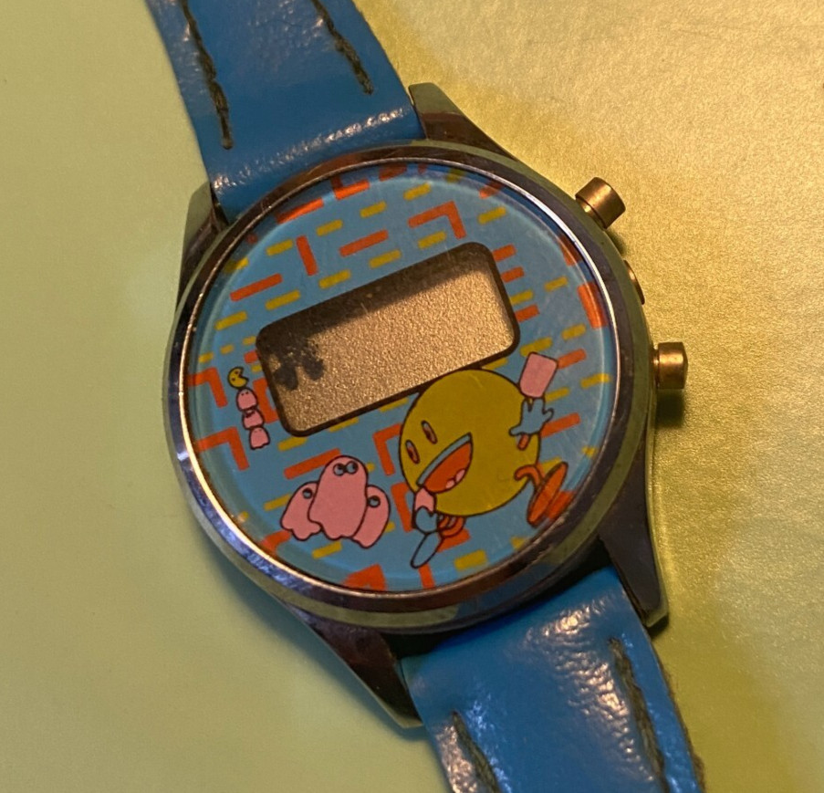 Pac-Man Digital Watch Vintage 1980s Hong Kong Kids Blue Band Rare As Is