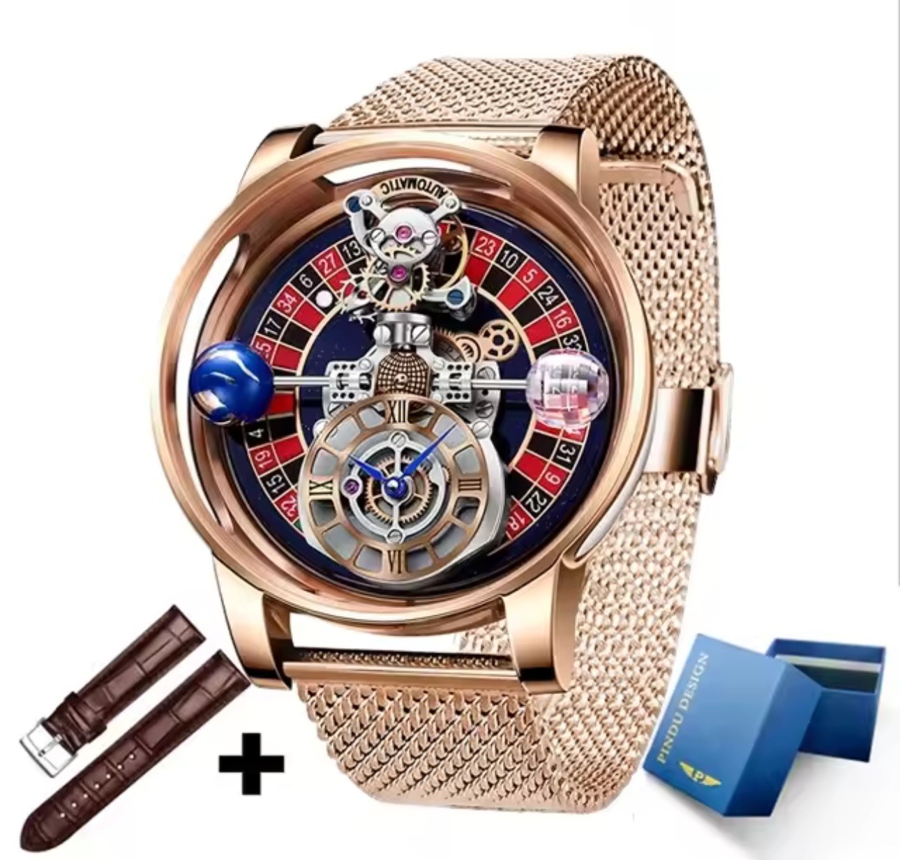 Celestial Men’s Transparent Case Leather Quartz Watch Waterproof Time Adjustment