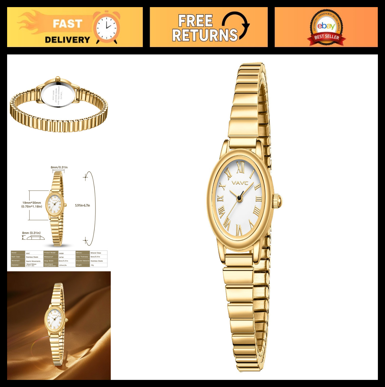 Elegant Gold Women’s Watch – Analog, Stainless Steel Expansion Band, Oval Case,
