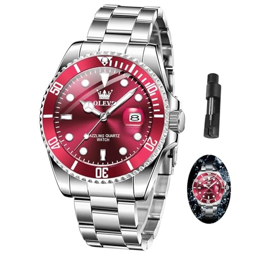 Men Watch,Big Dial Watches for Men Stainless Steel sliver band red face-G5885G
