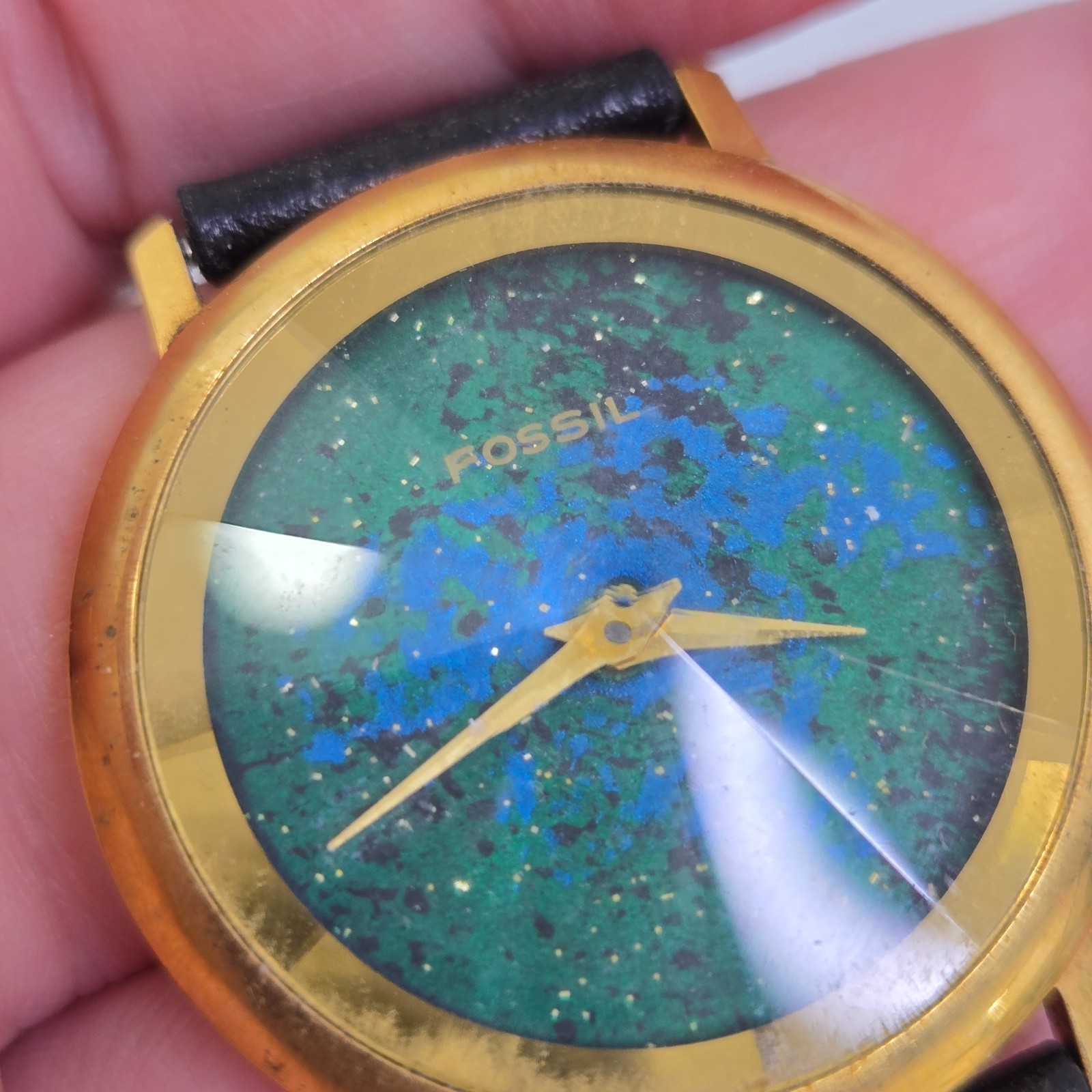 Fossil PC-7306 Round Womens Watch Quartz 35mm Blue Green Gold Black Faceted