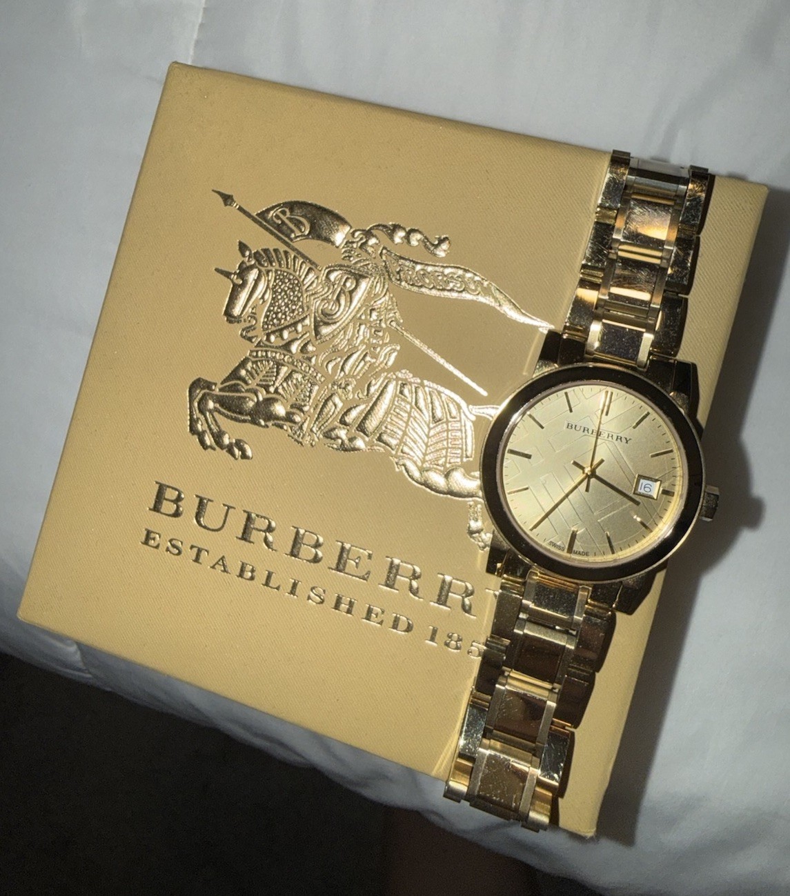 Gold Women’s Burberry Watch W/Box and Warranty Card Working Battery