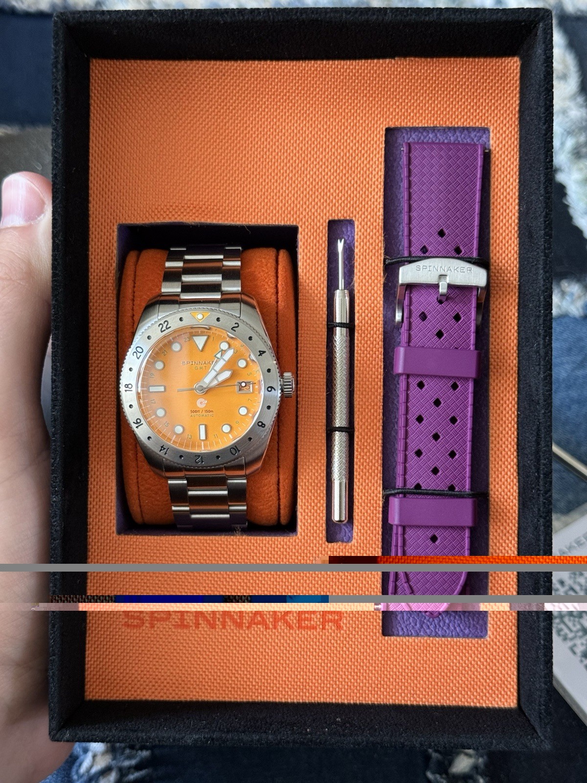 Spinnaker Croft 39 GMT Automatic Orange Dial Steel Bracelet + Purple Strap