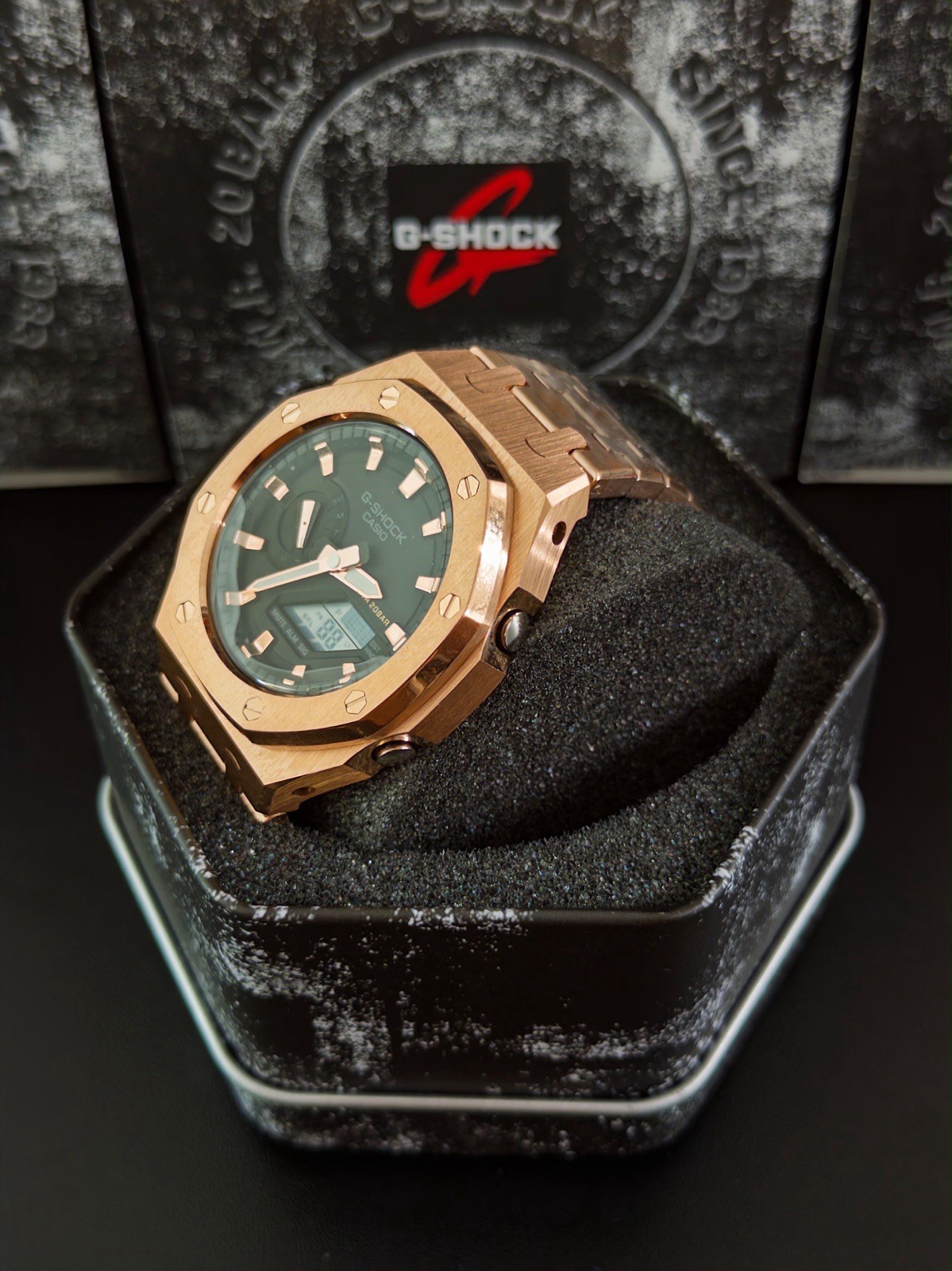 Casio GA-2100 G-Shock Watch – Sandblasted Gold Rose Case Mod – Black Dial