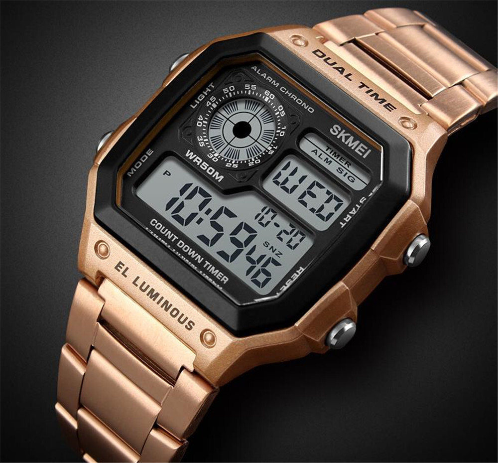 SKMEI Men Rectangle Watch LED Digital Wristwatch Gold Steel Male Alarm Watches