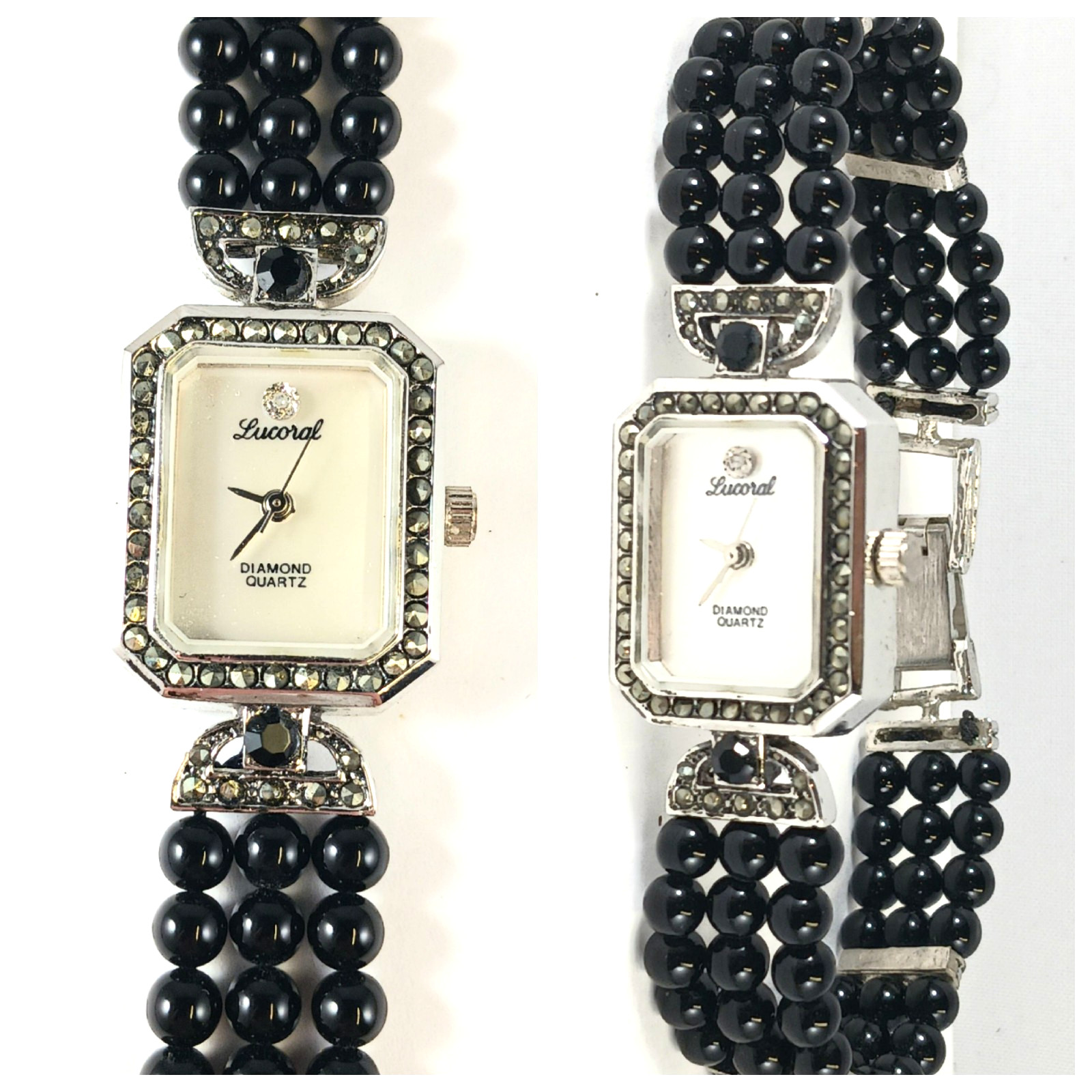 Lucoral Diamond Quartz Watch Black Onyx Beads Marcasites MOP Face Needs Battery