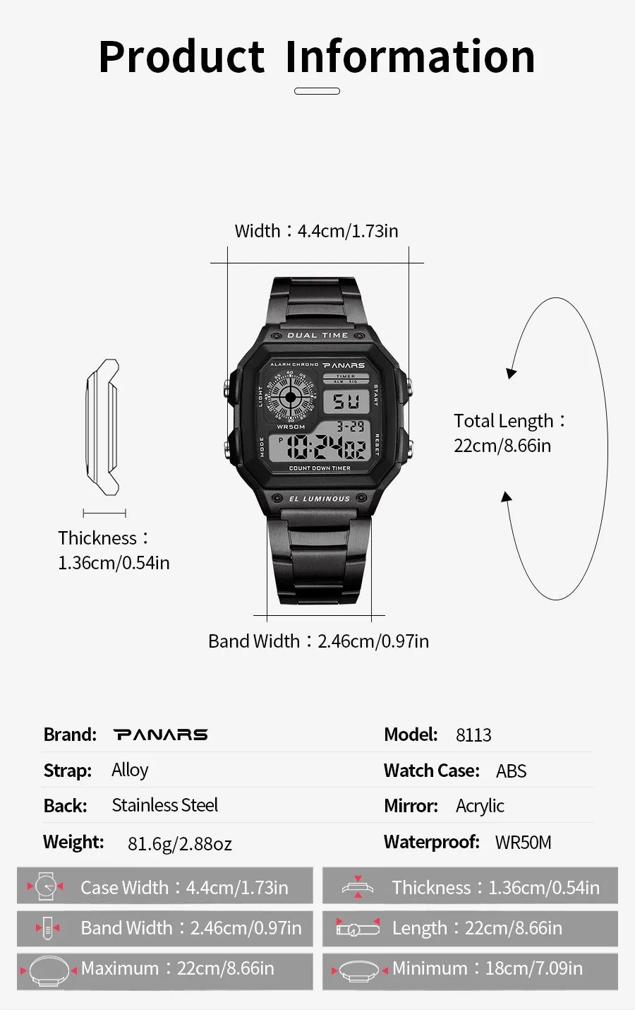 Men’s Digital Multi-Function Watches Dual Time Alarm Backlight Waterproof Watch