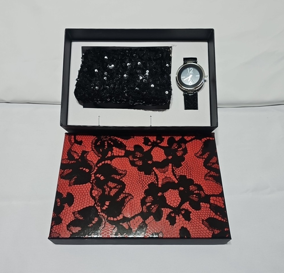 Ensemble Womens Watch & Small Purse Set Quartz Watch Black Leather Sequin Purse
