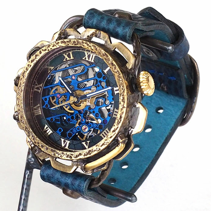 KINO Handmade Watch Automatic Skeleton KINOPUNK Blue Brass Case K 18 BR BL Handm