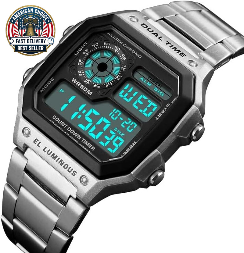 Men’S Digital Multi-Function Watches Dual Time Alarm Stopwatch Countdown Backlig